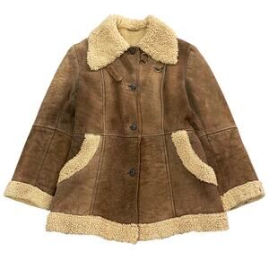 Vintage 70s Soft Sheepskin Brown Leather Shearling Sherpa Lined Coat Womens 12